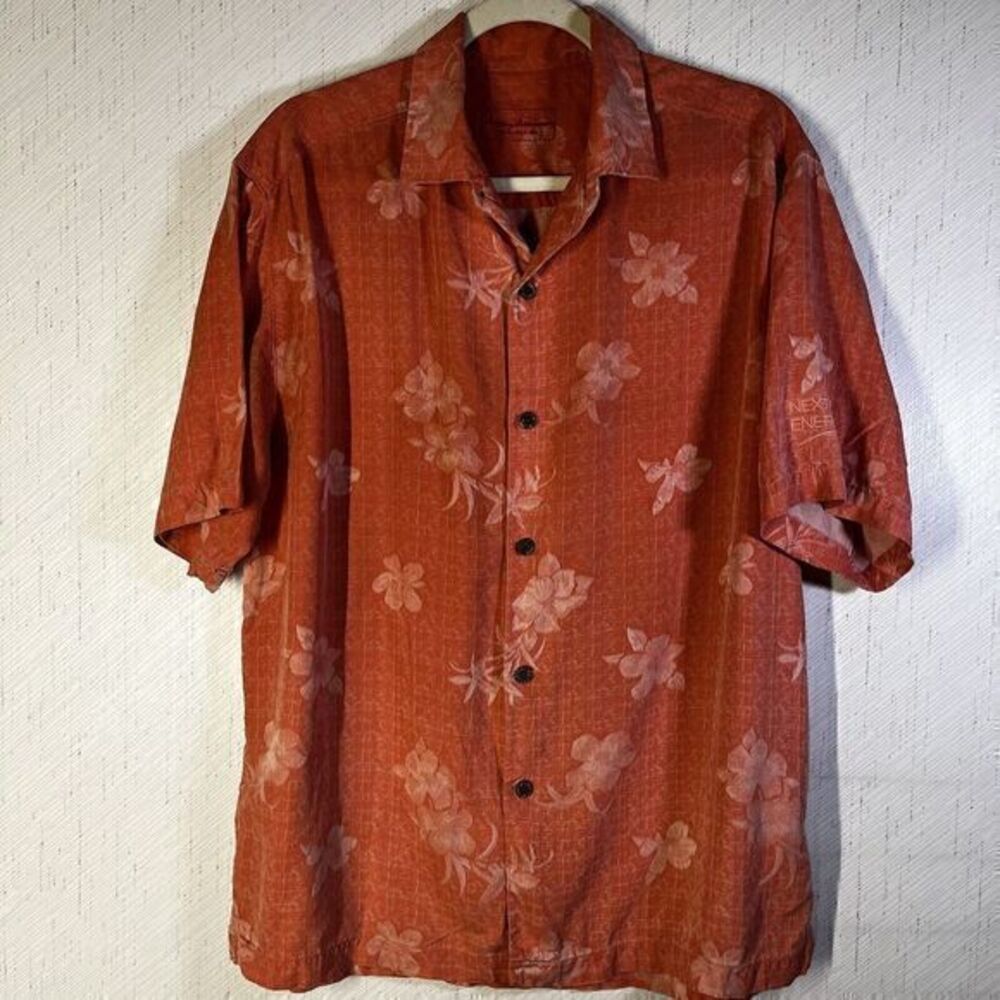 Tommy‎ Bahama Mens 100% Silk Shirt M Orange Floral Hawaiian Camp Button Up Logo